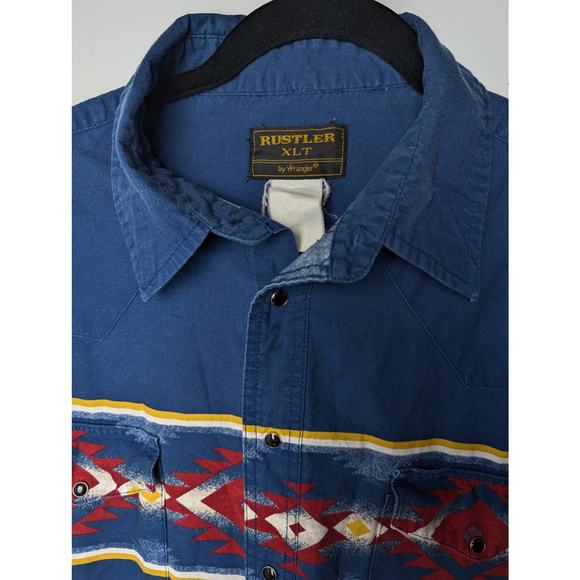 Vintage Rustler by Wrangler Mens Shirt Blue Aztec XLT - Picture 4 of 5